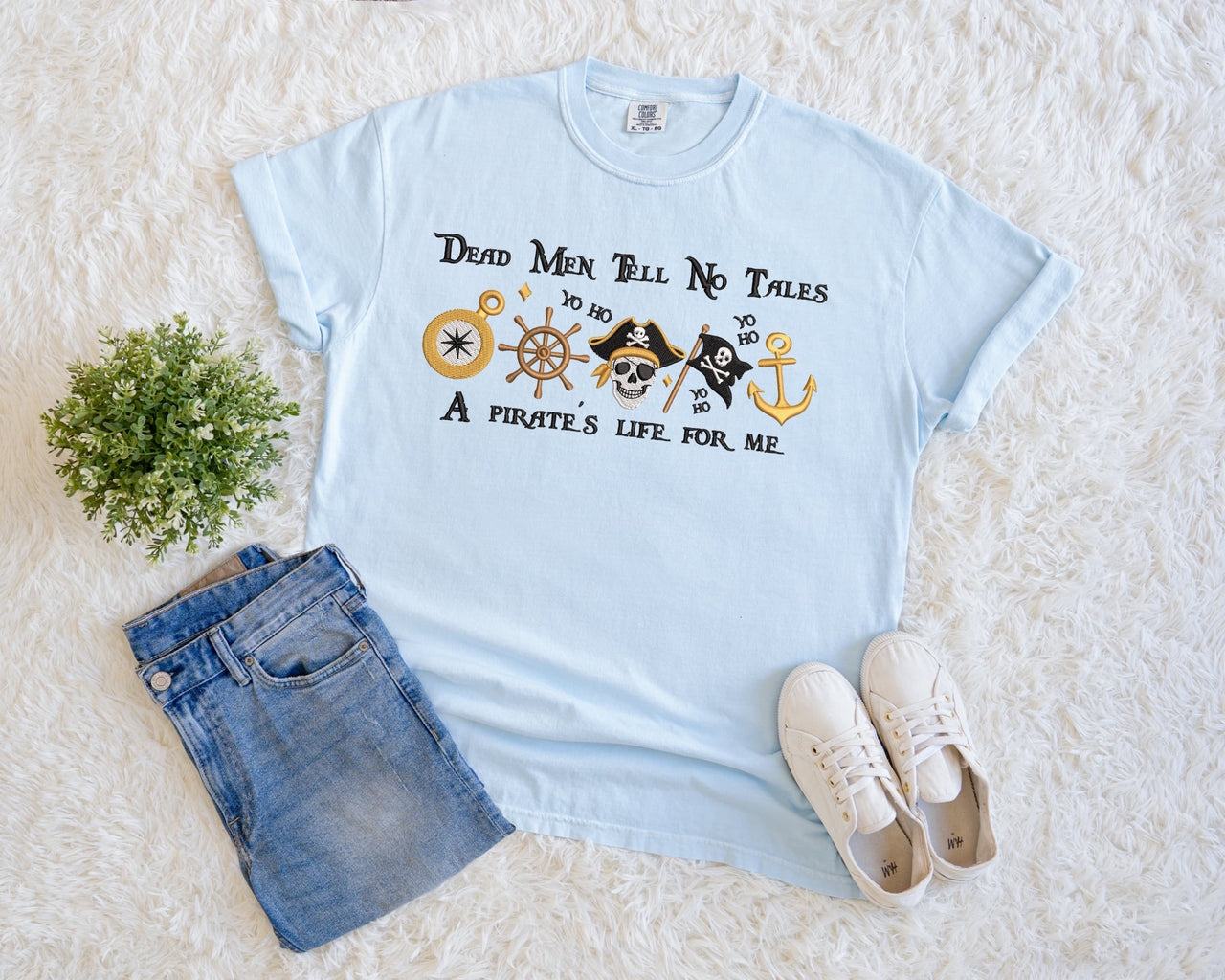 Chambray Embroidered Pirate's Life For Me Tee (Pre-Order)