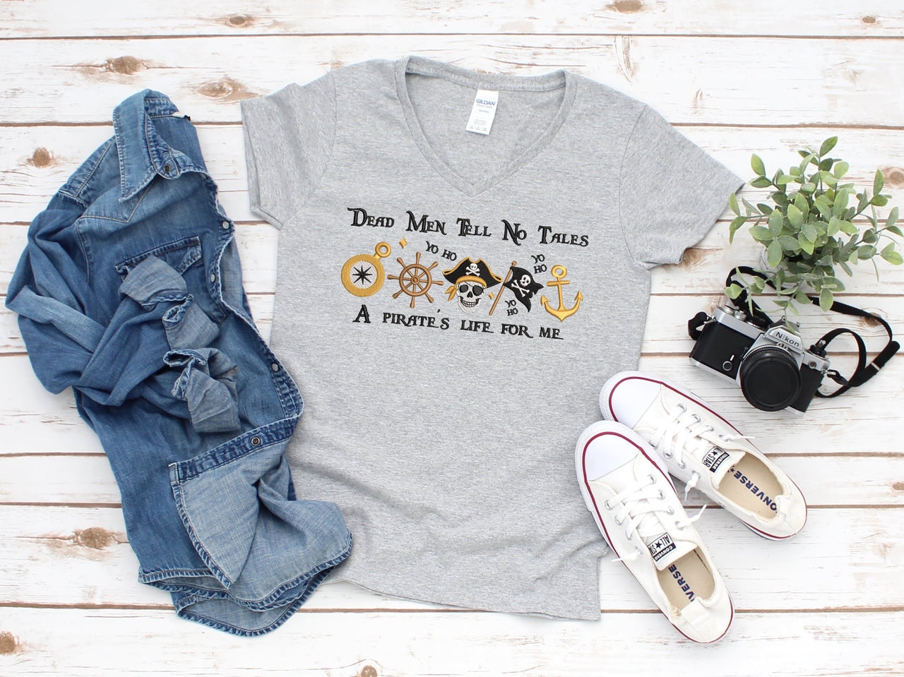 V-Neck Grey Embroidered Pirate's Life For Me Tee (Pre-Order)