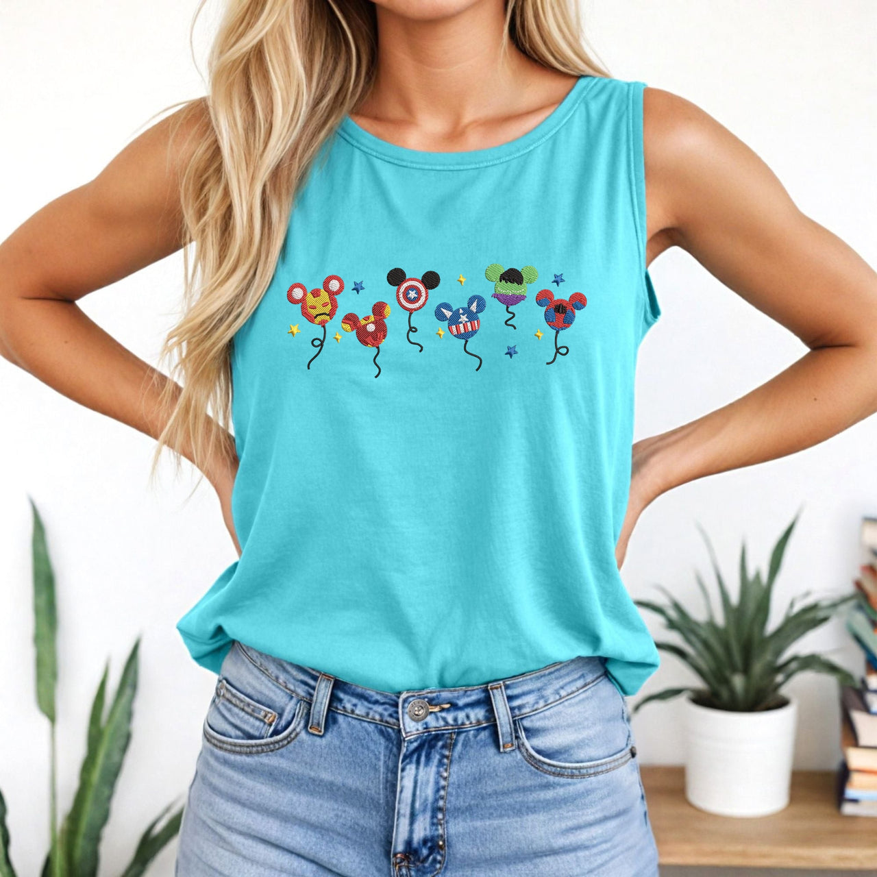 Tank Top -  Lagoon Blue Embroidered Super Hero  (Pre-Order)