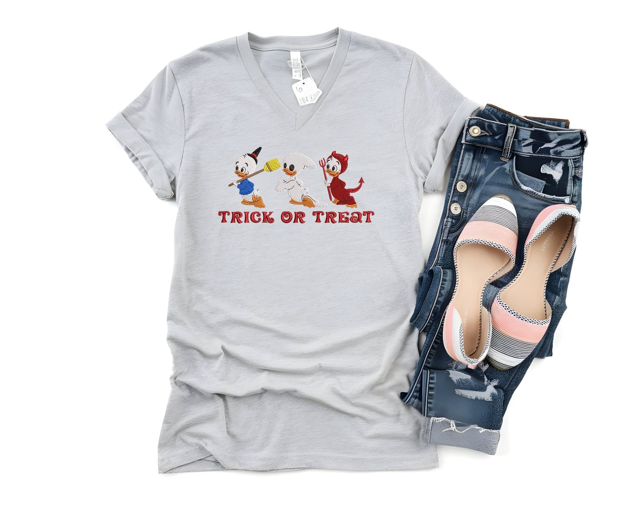 V-Neck Grey Embroidered Trick Or Treat Tee (Pre-Order)