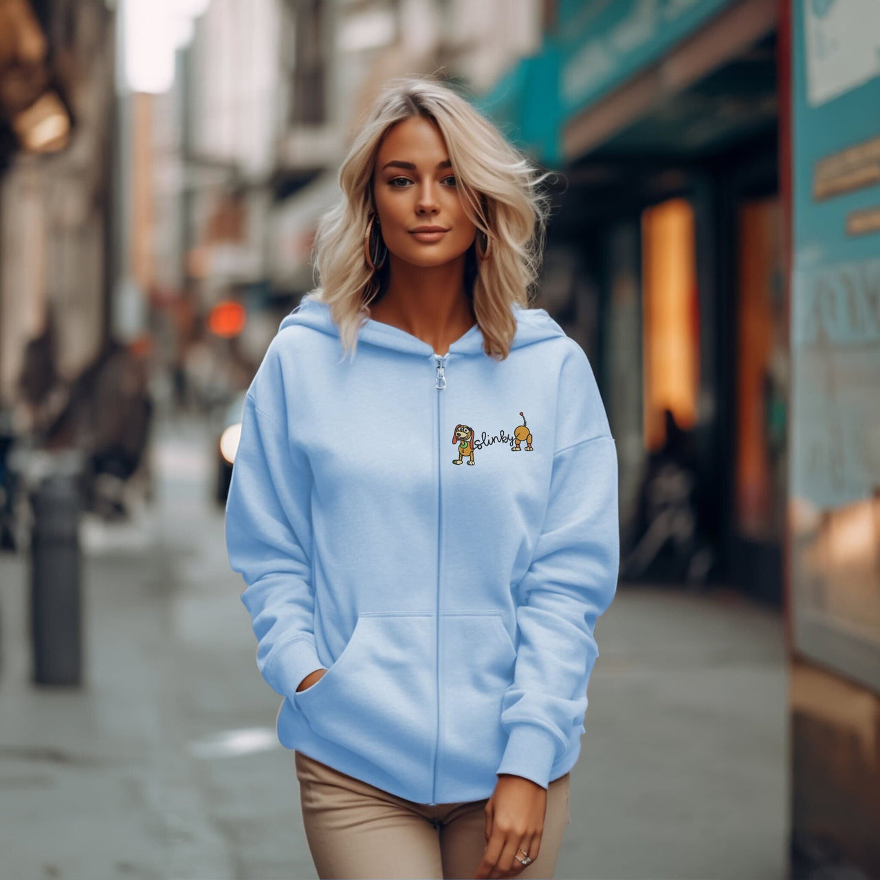 Full Zip Carolina Blue Slinky Embroidered Hooded Jacket