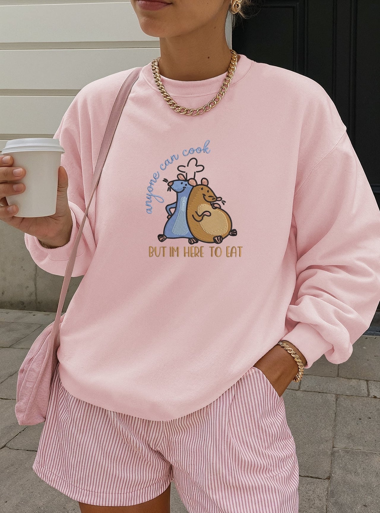 Crewneck- Light Pink Embroidered Here To Eat (Pre-Order)