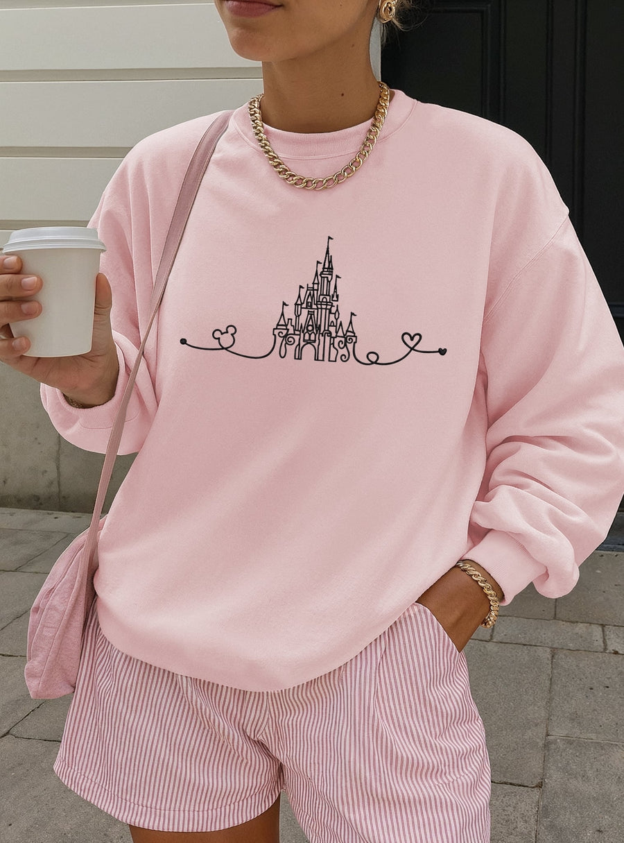 Crewneck- Light Pink Embroidered Line Art Castle (Pre-Order)