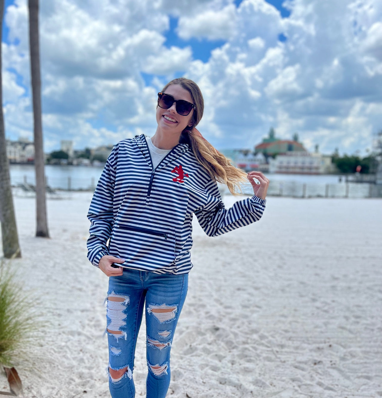 Navy & White Striped 1/4 Zip Rain Jacket w/ Red Silhouette -LINED LADIES FIT