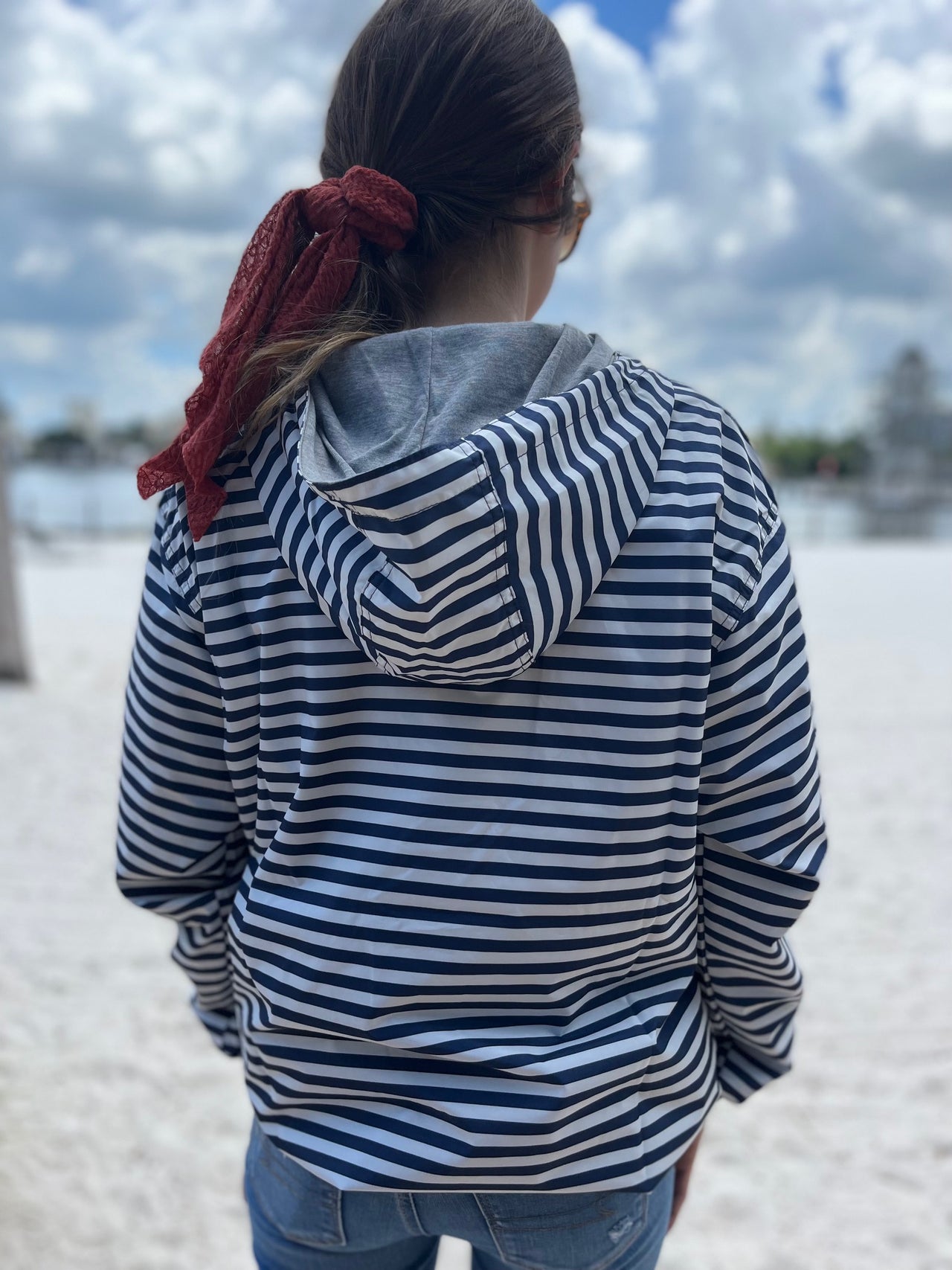 Navy & White Striped 1/4 Zip Rain Jacket w/ Red Silhouette -LINED LADIES FIT