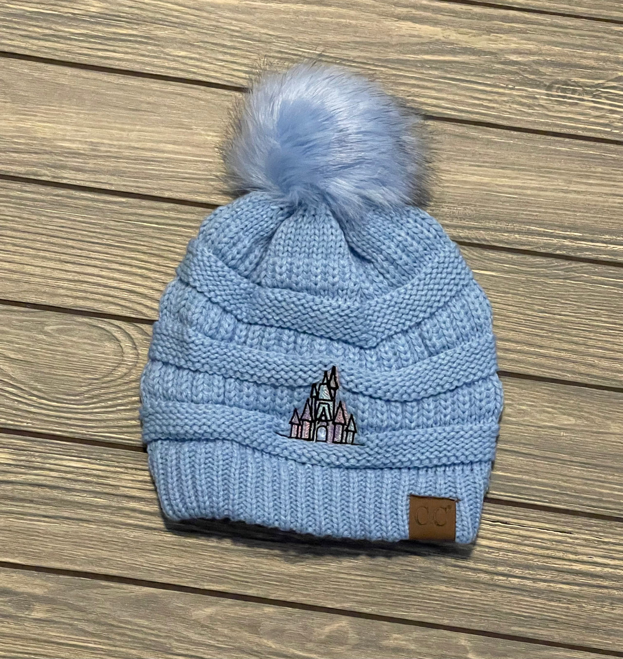 Watercolor Castle Embroidered Light Blue Single Pom Beanie