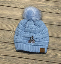 Thumbnail for Watercolor Castle Embroidered Light Blue Single Pom Beanie